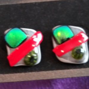 Handcrafted fused glass earrings, post. Metalic accented red stripe.